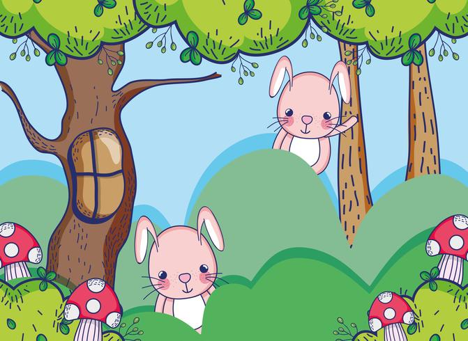 Coniglietti nella foresta simpatici cartoni animati vettore