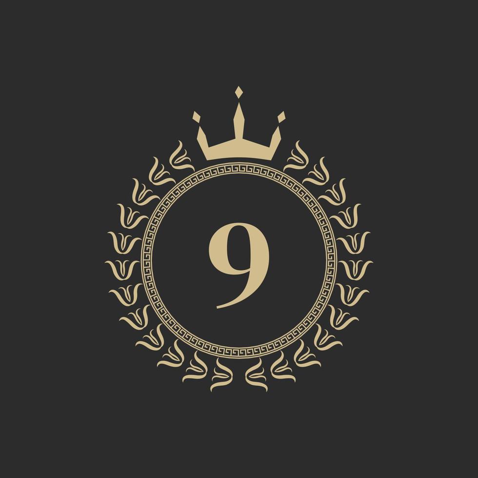 numero 9 cornice reale araldica con corona e corona d'alloro. semplice emblema classico. composizione rotonda. stile grafico. elementi artistici per l'illustrazione vettoriale del design del logo