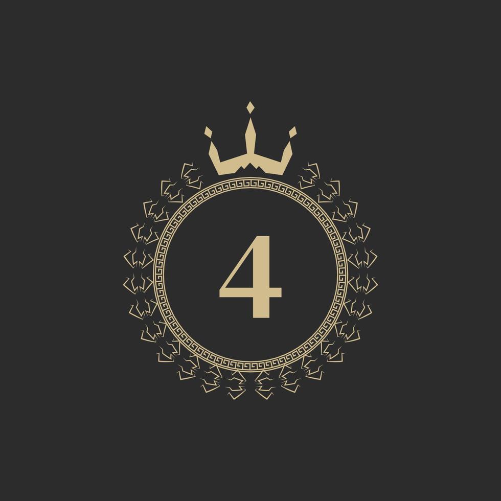 numero 4 cornice reale araldica con corona e corona d'alloro. semplice emblema classico. composizione rotonda. stile grafico. elementi artistici per l'illustrazione vettoriale del design del logo