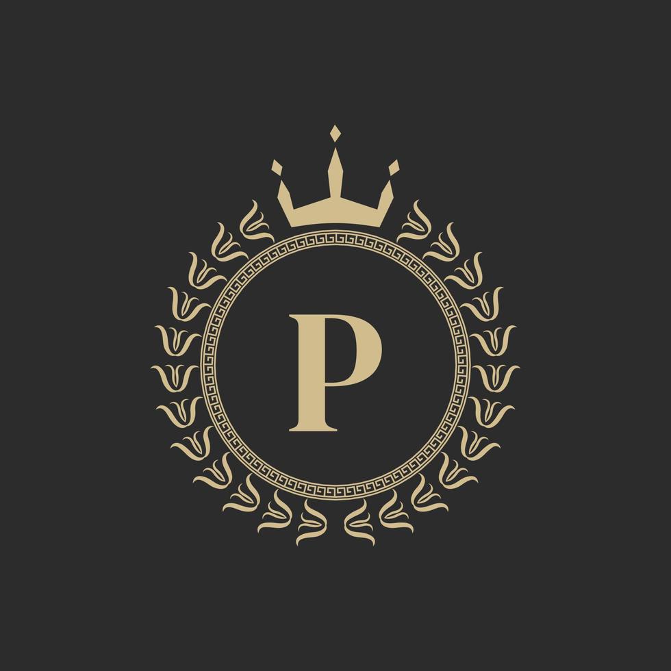 lettera iniziale p cornice reale araldica con corona e corona d'alloro. semplice emblema classico. composizione rotonda. stile grafico. elementi artistici per l'illustrazione vettoriale del design del logo