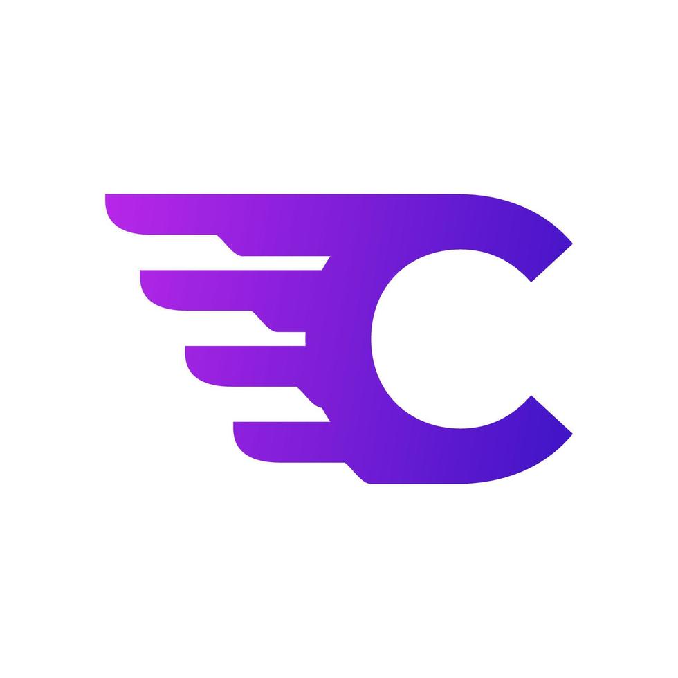 logo di consegna lettera c iniziale di spedizione veloce. forma sfumata viola con combinazione di ali geometriche. vettore