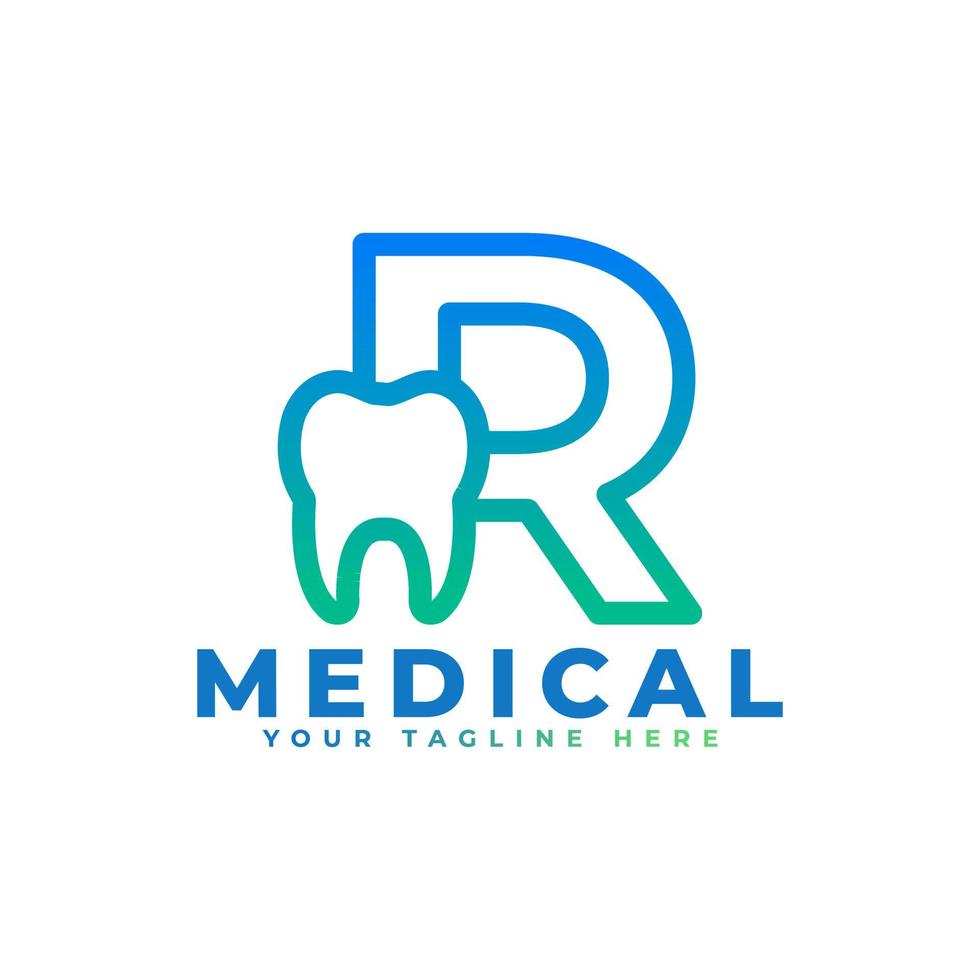 logo della clinica odontoiatrica. lettera r di forma lineare blu collegata con il simbolo del dente all'interno. utilizzabile per dentisti, cure dentistiche e loghi medici. elemento del modello di idee per il design del logo vettoriale piatto.