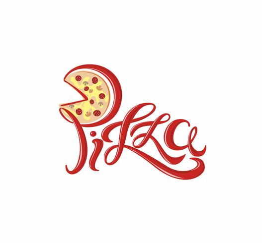 Pizza. Logo lettering decorativo. Iscrizione di ketchup deliziosa cartolina. Vettore. vettore