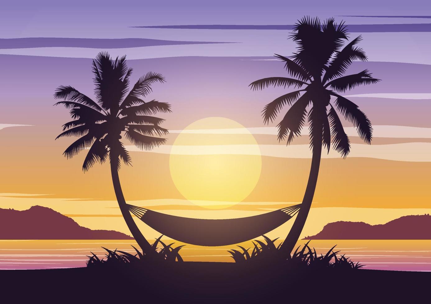 silhouette art design del mare all'ora del tramonto e palme con un'amaca vettore