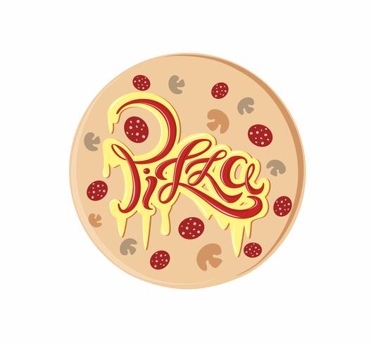 Pizza. Logo lettering decorativo. Deliziosa cartolina con formaggio fuso e iscrizione ketchup. Vettore. vettore