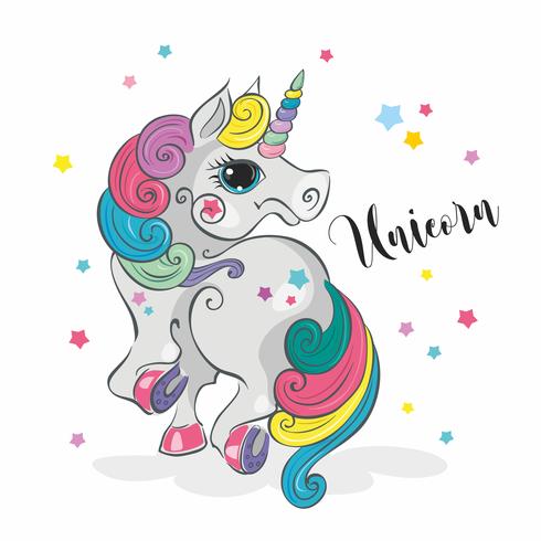 Unicorno magico Pony fata Criniera arcobaleno. In stile cartoon. Vettore. vettore