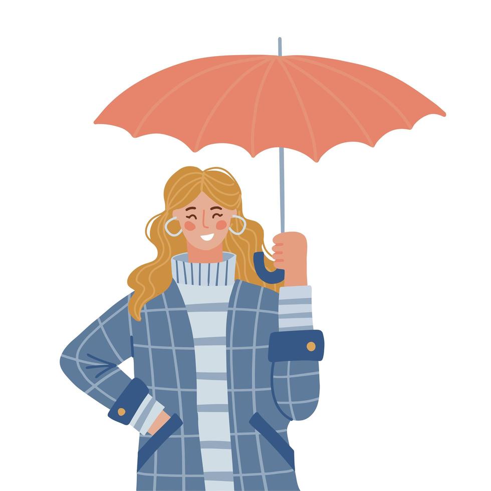 donna in cappotto e maglione sotto l'ombrello aperto, proteggendola dalla pioggia autunnale. persona in abiti casual caldi che tiene ombrellone e sorridente. illustrazione vettoriale piatta isolata su sfondo bianco