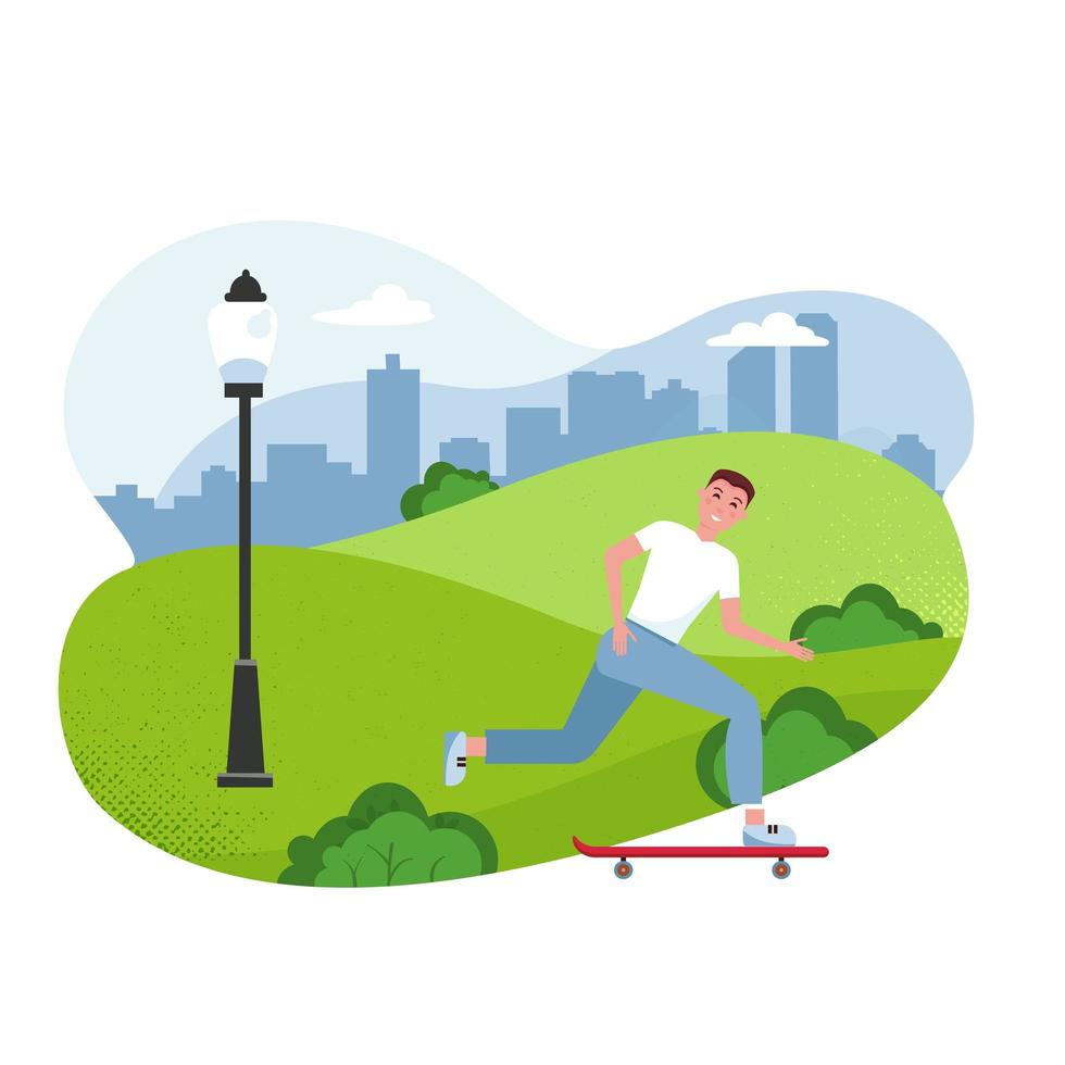 illustrazione del fumetto piatto vettoriale - uomo di guida di skateboard. parco, alberi e colline sullo sfondo per banner, sito, poster design. modello di stile di vita sano. personaggio attivo uomo su skateboard nel parco.