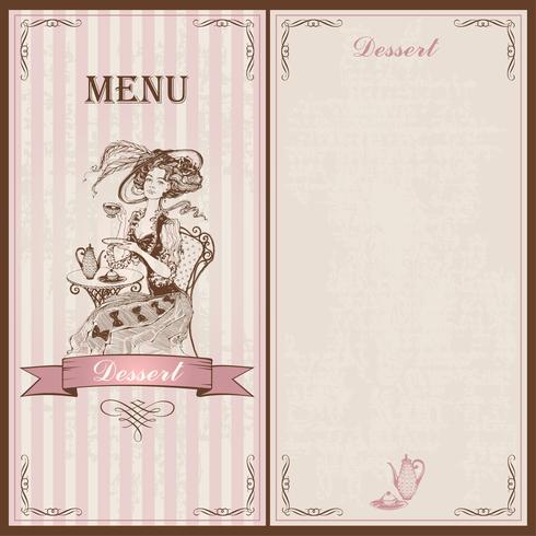 Menu di dessert Per caffè e ristoranti. Stile vintage. Una ragazza in un vecchio vestito e cappello che beve tè. Schizzo. Illustrazione vettoriale