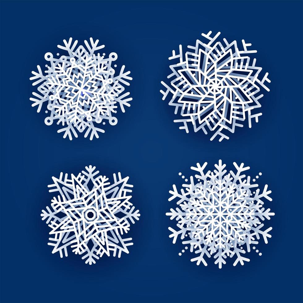set di 4 fiocchi di neve 3d di natale sfumati bianchi con ombra su sfondo blu scuro. elementi di design delle nevicate di origami del nuovo anno. taglio di carta a strati taglio di carta a strati bianco. vettore