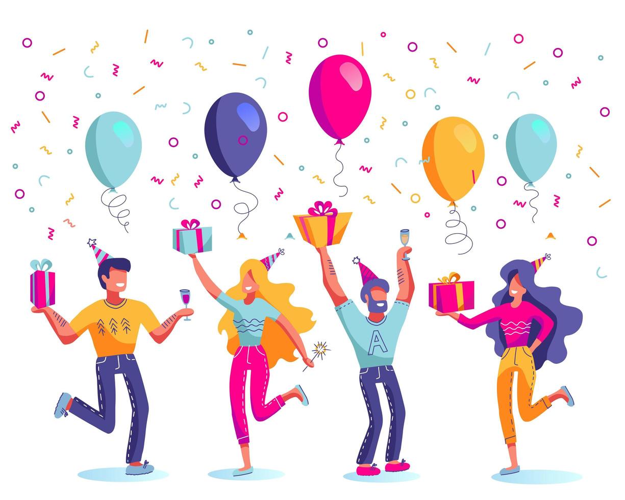 buon compleanno, uomini e donne nel vettore di cappelli festivi. scatole regalo o regali, palloncini, champagne e sparkler in mano. illustrazione moderna piatta disegnata a mano. insieme di vettore di persone di compleanno.