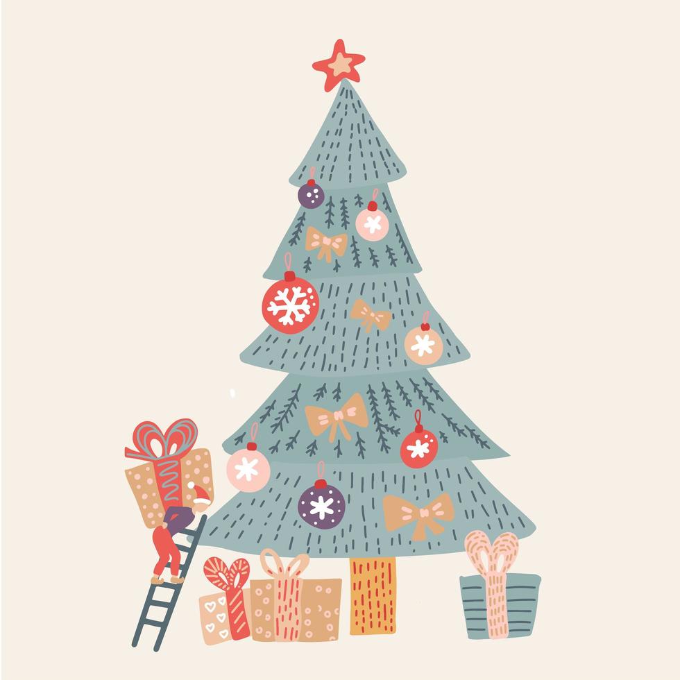 vettore disegnato a mano divertimento buon natale cartone animato illustrazione carta con piccolo elfo che decora l'albero di natale e scatole regalo a sorpresa isolate su sfondo biege. Babbo Natale aiutante in stile doodle.