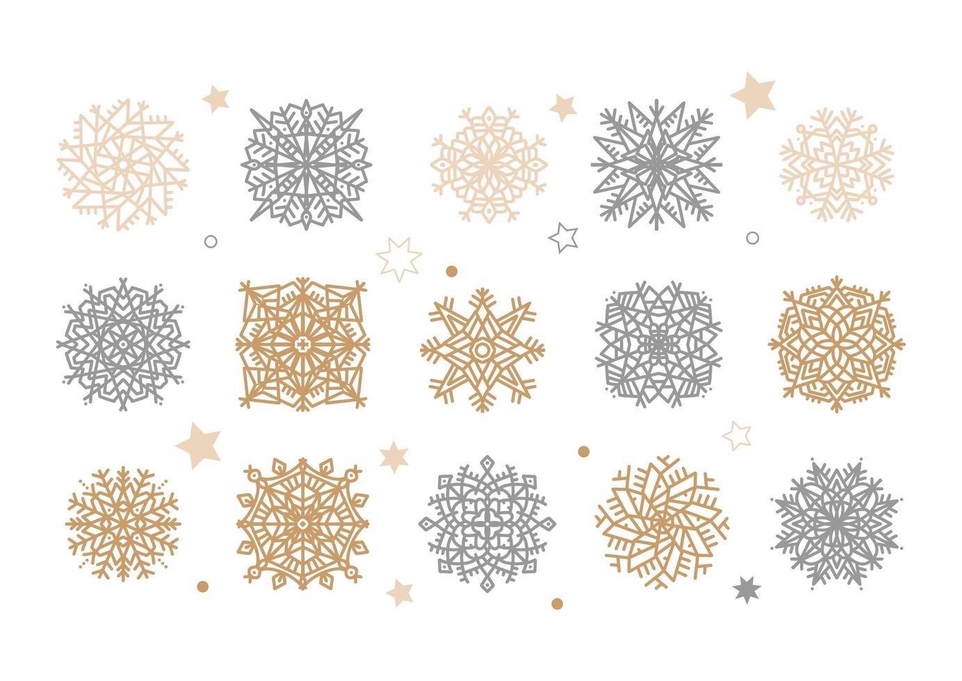 set di fiocchi di neve d'oro e d'argento. collezione vacanze. fiocchi di neve raccolta isolati su sfondo bianco. illustrazione vettoriale piatta.