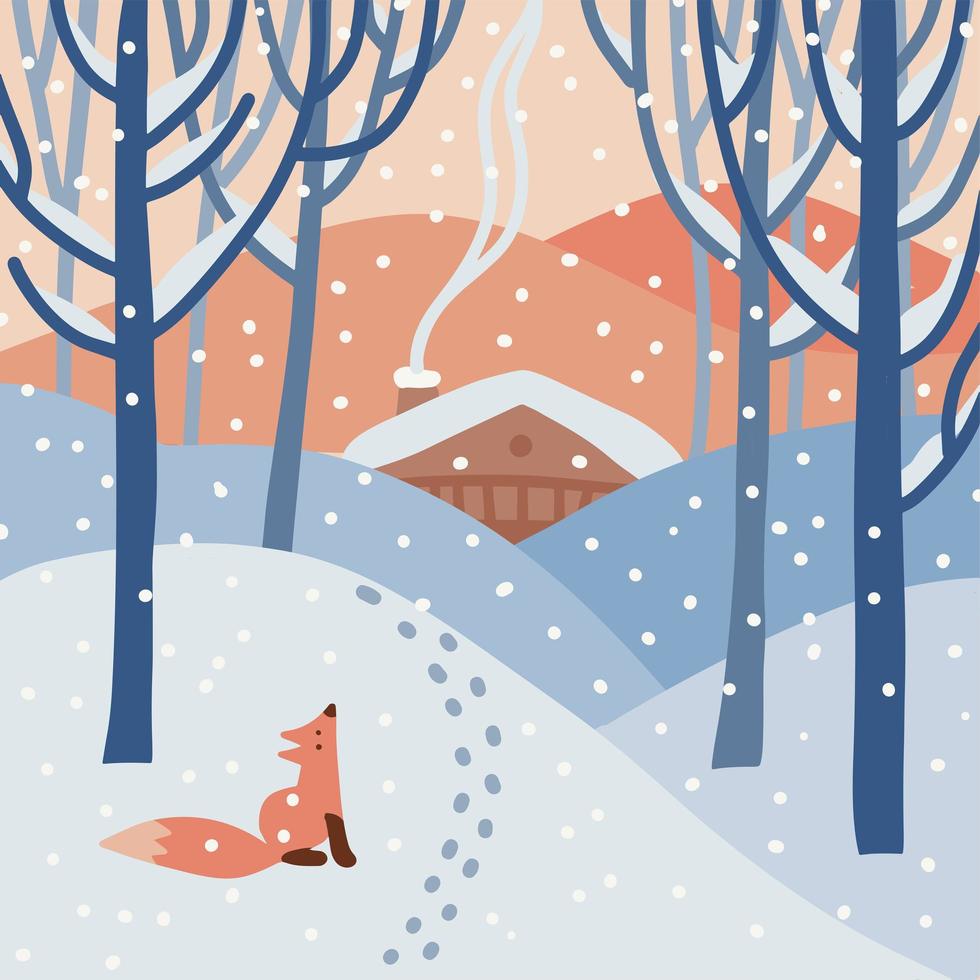 paesaggio festivo di capodanno. gelida foresta invernale con cumuli, alberi a foglie caduche, casa di legno e simpatica volpe. illustrazione vettoriale disegnata a mano piatta.