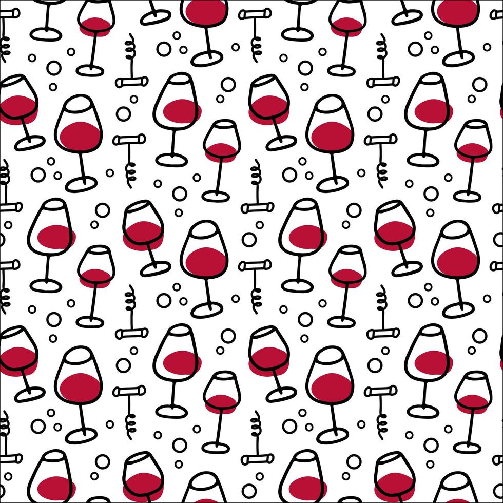 modello senza cuciture di bicchieri di vino rosso. vettore di doodle disegnato a mano in stile minimalista lineare per tessuti, carta da imballaggio, stampa.