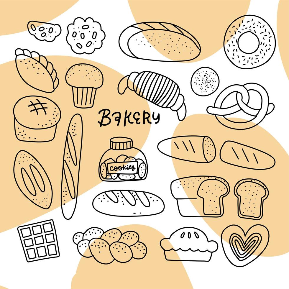 insieme di abbozzo di doodle disegnato a mano di pane e focacce in stile art linea. illustrazione lineare vettoriale della collezione di prodotti da forno in nero.