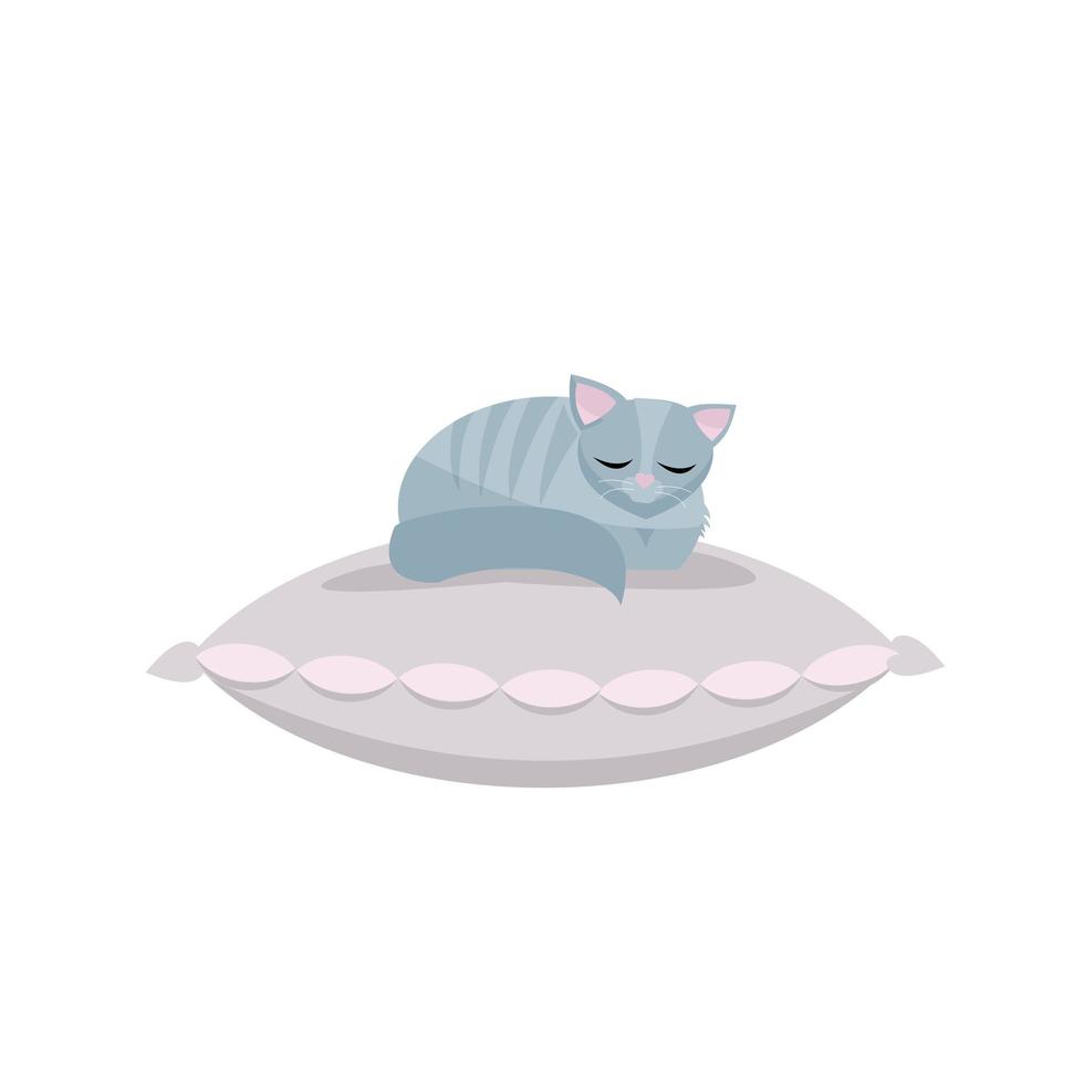 simpatico gattino che dorme sul cuscino rosa chiaro. illustrazione vettoriale di flan fumetto. animali per stampa t-shirt, grafica per bambini, opere d'arte per bambini da indossare in colori personalizzati