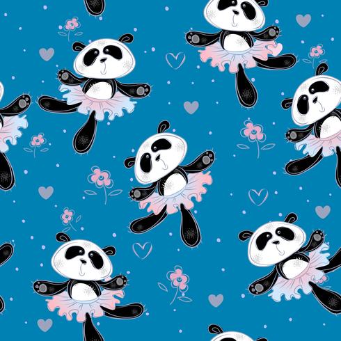 Le ballerine di Panda ballano. Modello senza soluzione di continuità Stampa tessuto per bambini. Vettore