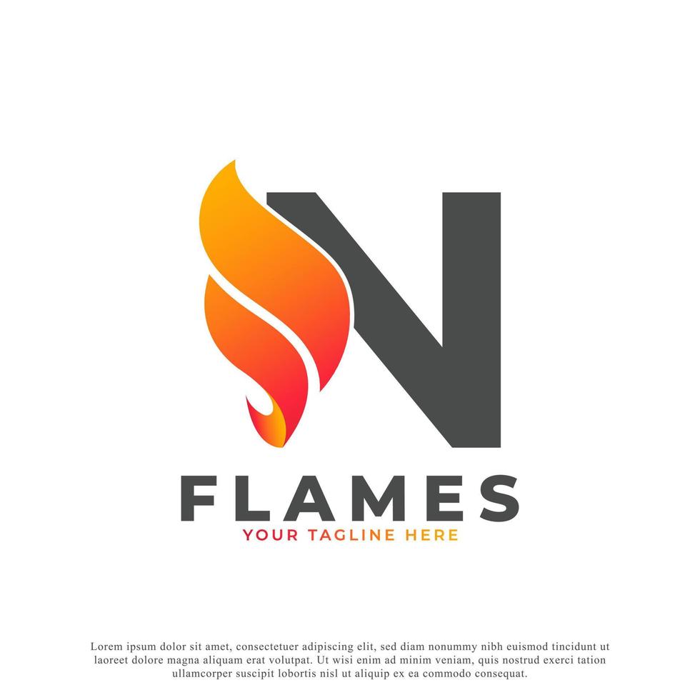 fiamma con disegno del logo della lettera n. modello di logo vettoriale di fuoco