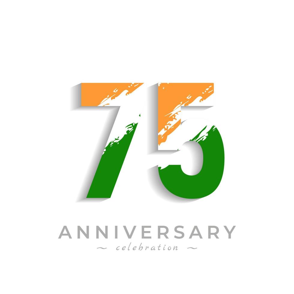 Celebrazione dell'anniversario di 75 anni con una barra bianca a pennello in giallo zafferano e verde bandiera indiana. il saluto di buon anniversario celebra l'evento isolato su priorità bassa bianca vettore