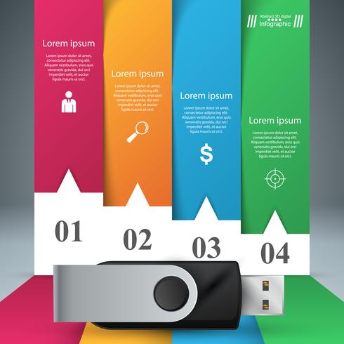 Icona USB. Quattro elementi di carta infografica. vettore