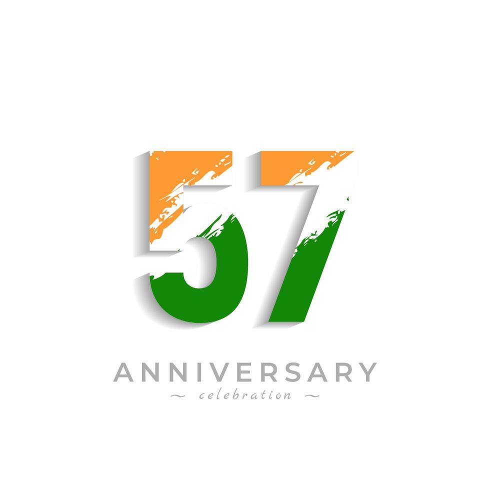 Celebrazione dell'anniversario di 57 anni con una barra bianca a pennello in giallo zafferano e verde bandiera indiana. il saluto di buon anniversario celebra l'evento isolato su priorità bassa bianca vettore
