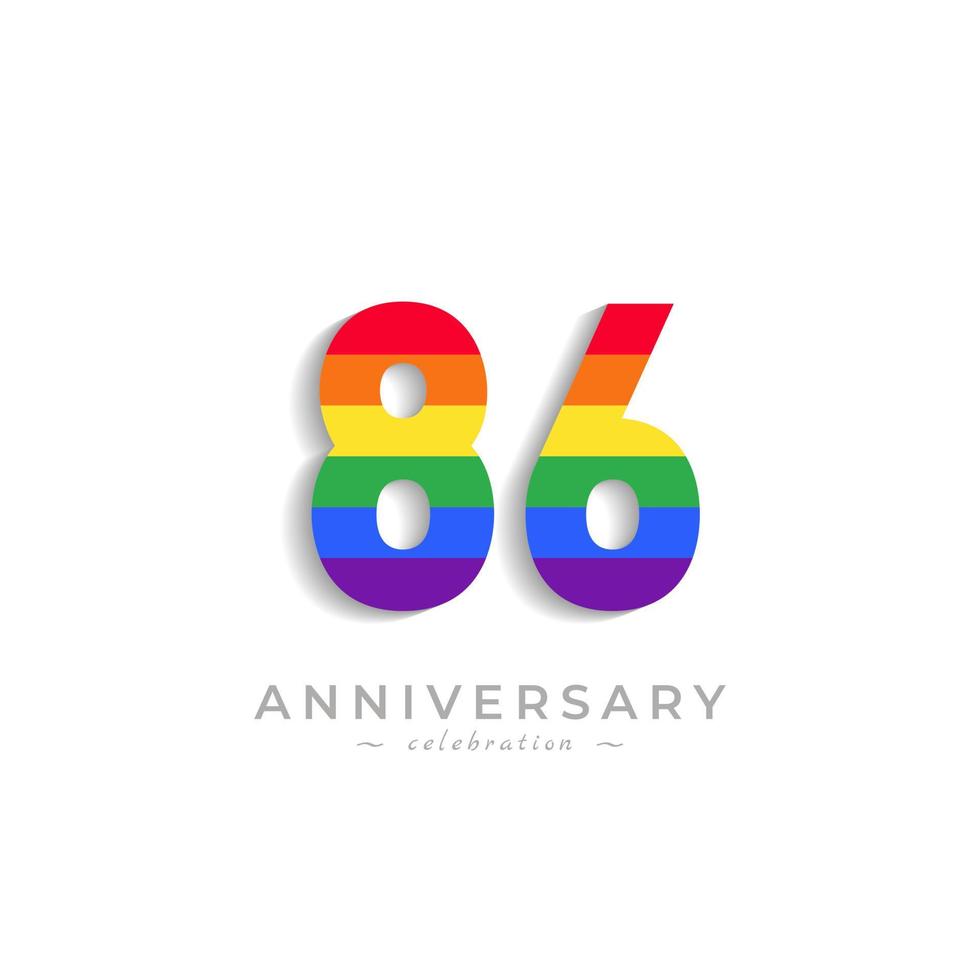 Celebrazione dell'anniversario di 86 anni con colore arcobaleno per eventi celebrativi, matrimoni, biglietti di auguri e inviti isolati su sfondo bianco vettore