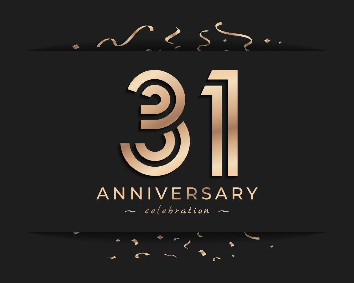 Design in stile logotipo di celebrazione dell'anniversario di 31 anni. il saluto di buon anniversario celebra l'evento con linea multipla dorata e coriandoli isolati su sfondo scuro illustrazione di design vettore