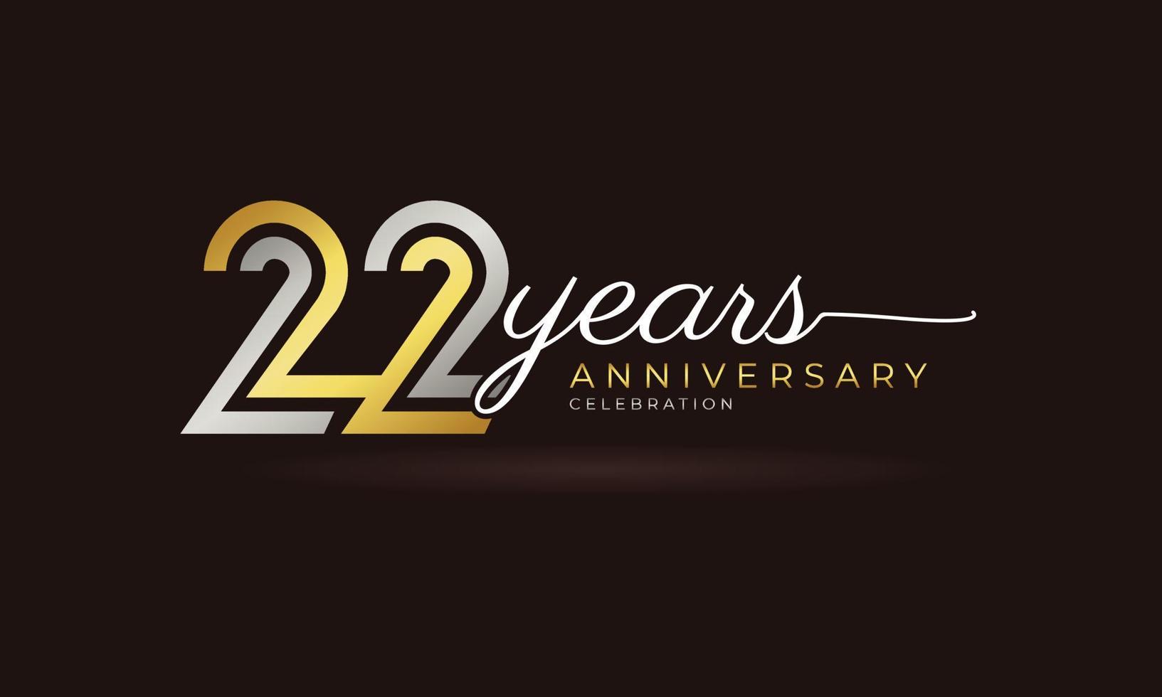 Logotipo di celebrazione dell'anniversario di 22 anni con linea multipla collegata colore argento e dorato per eventi celebrativi, matrimoni, biglietti di auguri e inviti isolati su sfondo scuro vettore