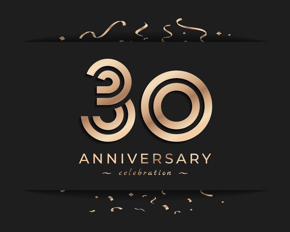 Design in stile logotipo di celebrazione dell'anniversario di 30 anni. il saluto di buon anniversario celebra l'evento con linea multipla dorata e coriandoli isolati su sfondo scuro illustrazione di design vettore