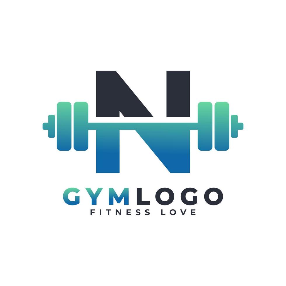 logo della lettera n con bilanciere. logo palestra fitness. design del logo vettoriale di sollevamento per palestra e fitness. modello di logo della lettera dell'alfabeto