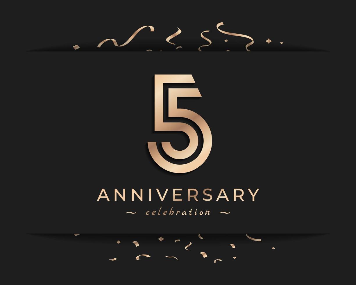 Design in stile logotipo di celebrazione dell'anniversario di 5 anni. il saluto di buon anniversario celebra l'evento con linea multipla dorata e coriandoli isolati su sfondo scuro illustrazione di design vettore