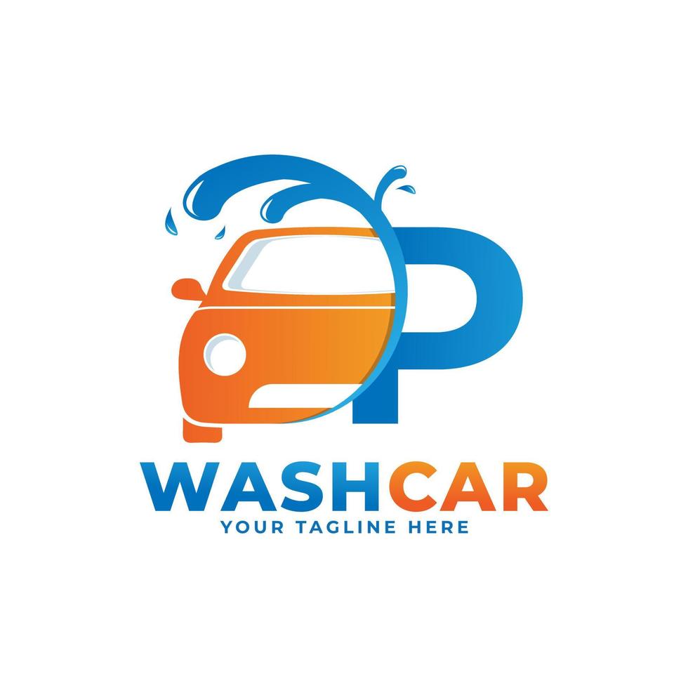 lettera p con logo autolavaggio, pulizia auto, lavaggio e design del logo vettoriale di servizio.