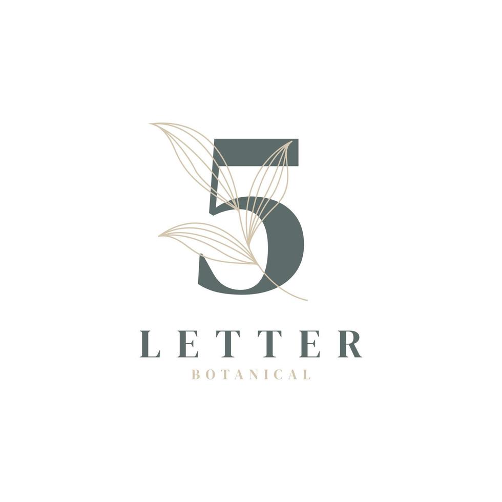 numero 5 logo floreale e botanico. foglia naturale femminile per salone di bellezza, massaggi, cosmetici o simbolo dell'icona spa vettore