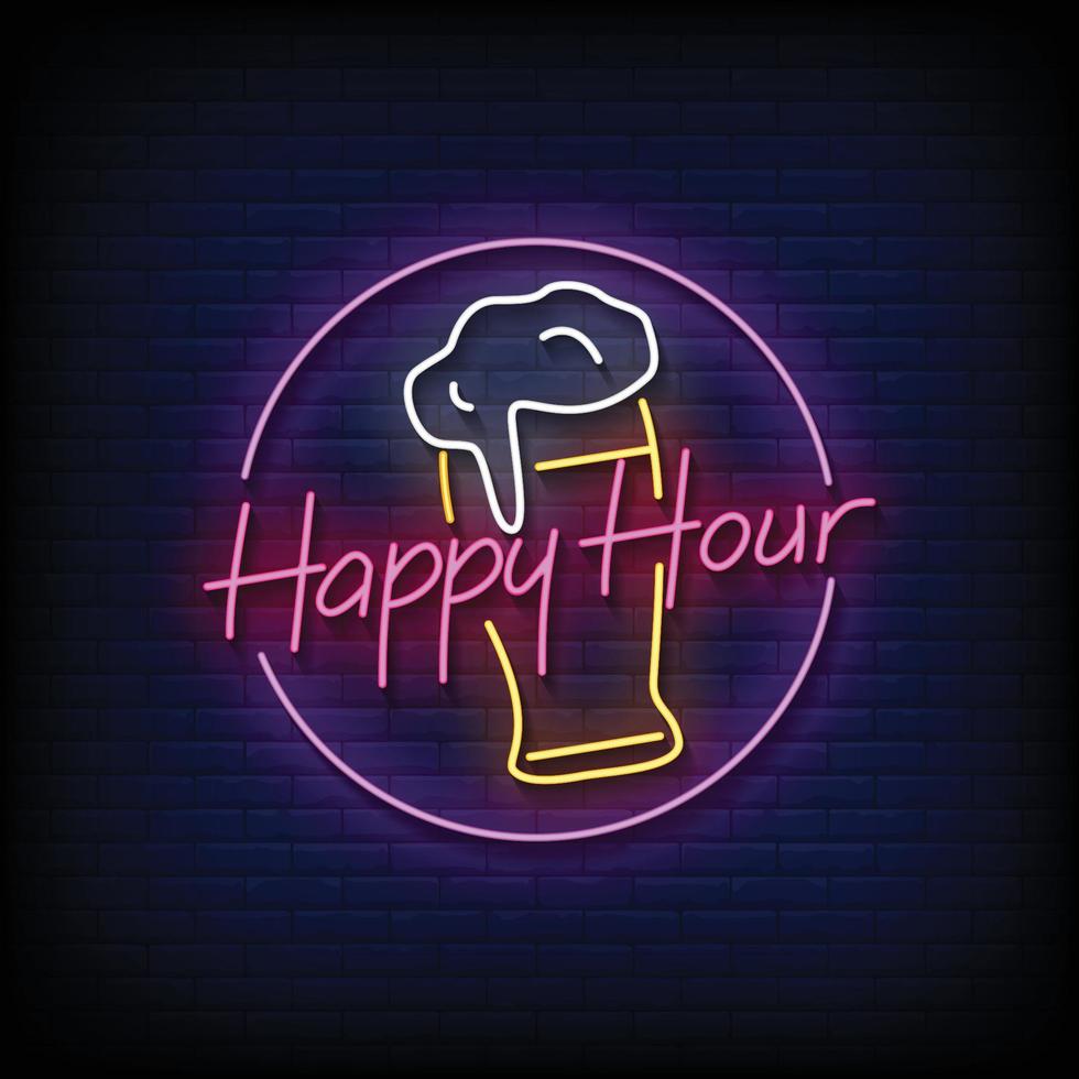 vettore del testo di stile delle insegne al neon di happy hour