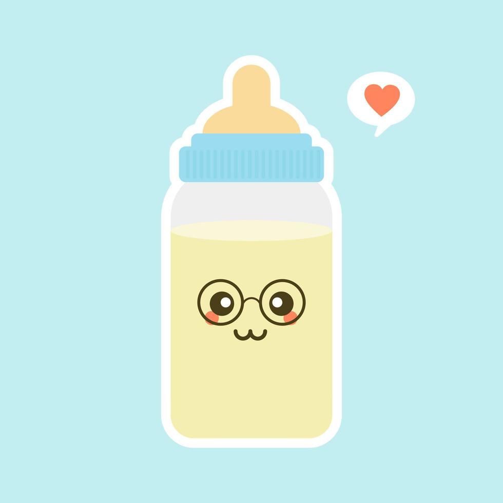 design piatto bottiglia di latte per bambini. personaggi divertenti della bottiglia di latte con facce sorridenti, illustrazione vettoriale cartone animato isolata su sfondo colorato. bottiglia di latte carina e kawaii.