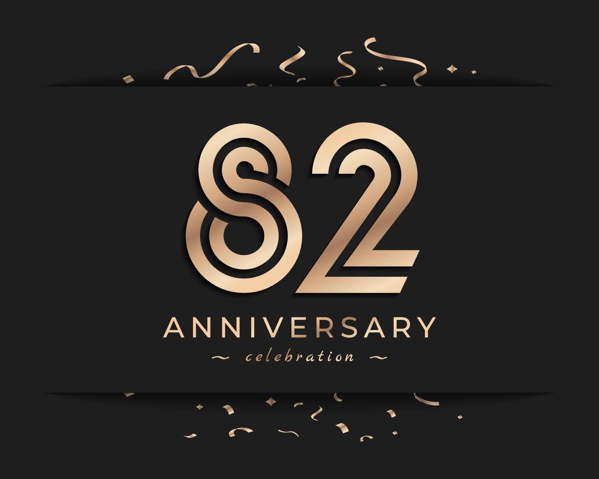 Design in stile logotipo di celebrazione dell'anniversario di 82 anni. il saluto di buon anniversario celebra l'evento con linea multipla dorata e coriandoli isolati su sfondo scuro illustrazione di design vettore