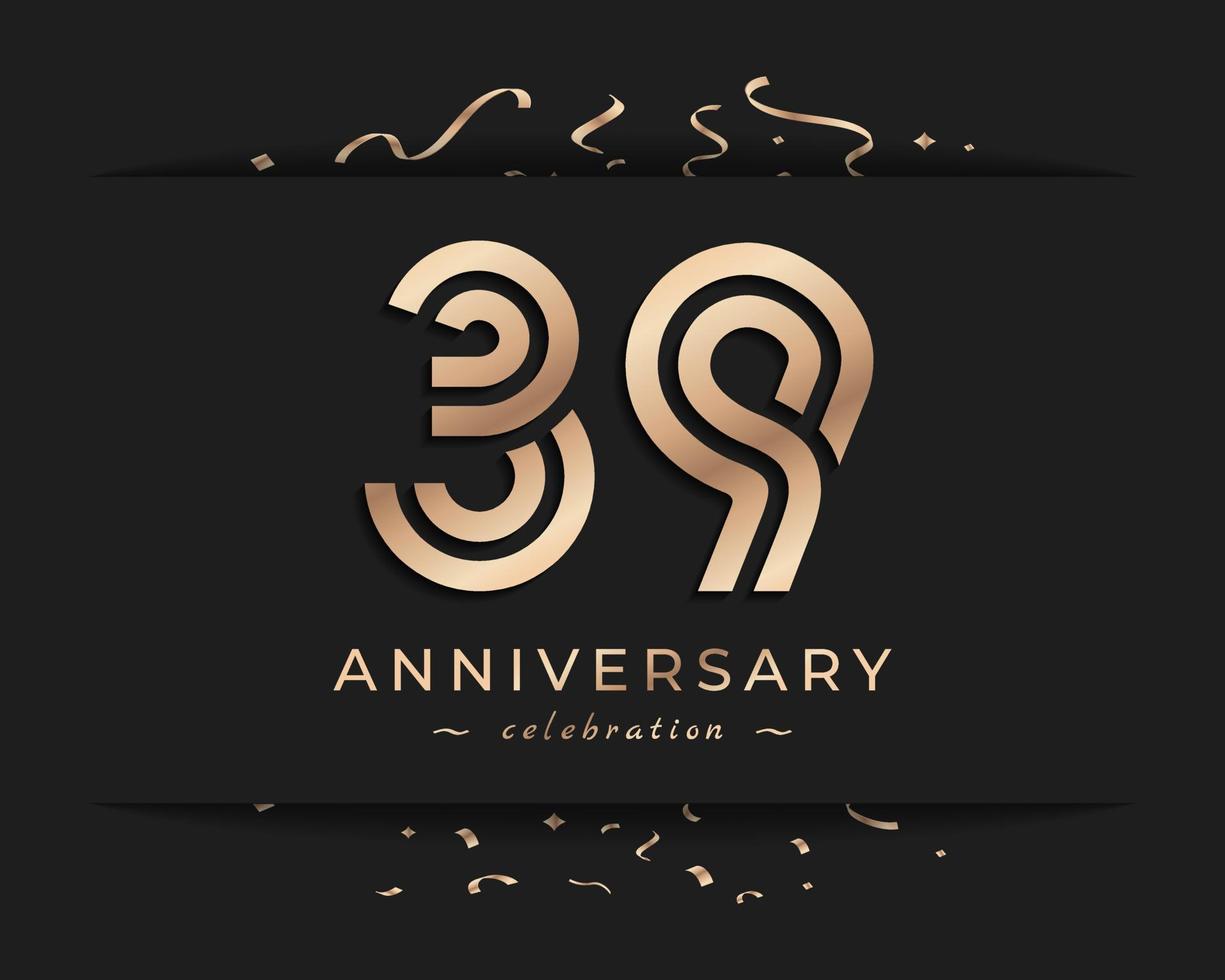 Design in stile logotipo di celebrazione dell'anniversario di 39 anni. il saluto di buon anniversario celebra l'evento con linea multipla dorata e coriandoli isolati su sfondo scuro illustrazione di design vettore