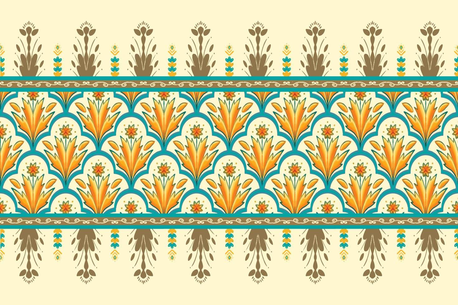 fiore giallo su avorio, verde acqua geometrico etnico orientale modello design tradizionale per sfondo, tappeto, carta da parati, abbigliamento, avvolgimento, batik, tessuto, illustrazione vettoriale stile ricamo