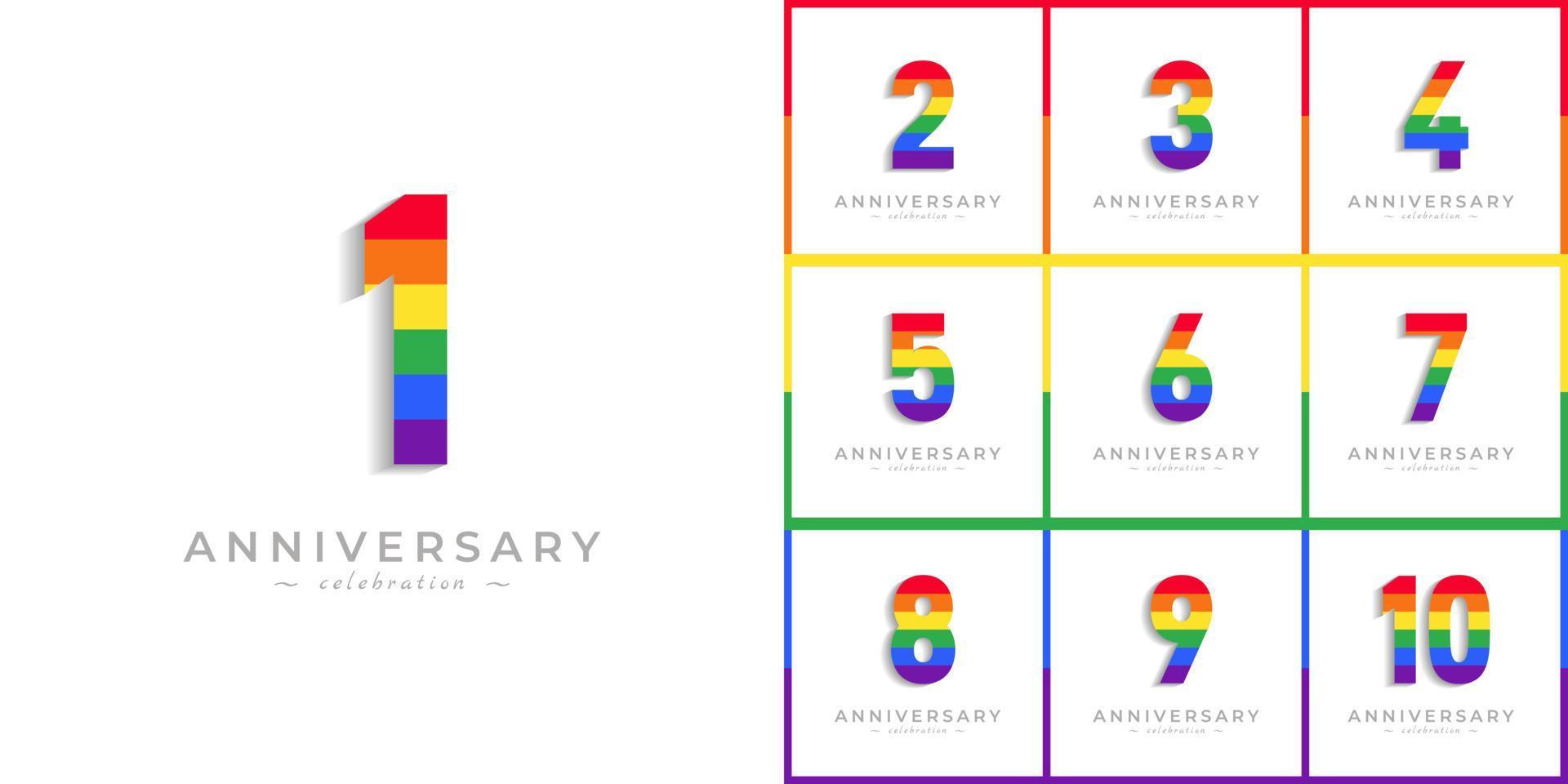 set di celebrazione dell'anniversario dell'anno con colore arcobaleno per eventi celebrativi, matrimoni, biglietti di auguri e inviti isolati su sfondo bianco vettore