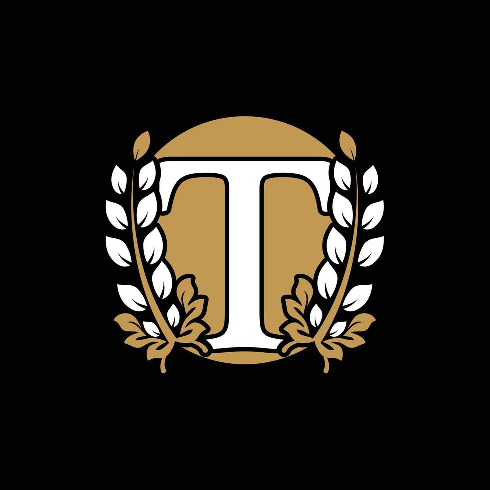 lettera iniziale t monogramma collegato corona d'alloro dorata con logo circolare. design grazioso per ristorante, caffetteria, marchio, badge, etichetta, identità di lusso vettore