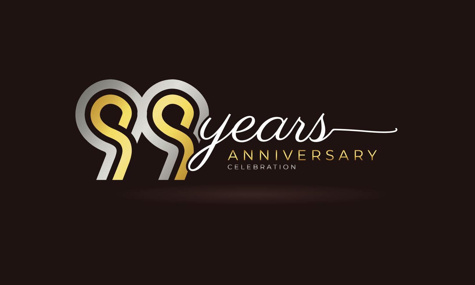Logotipo di celebrazione dell'anniversario di 99 anni con linea multipla collegata colore argento e dorato per eventi celebrativi, matrimoni, biglietti di auguri e inviti isolati su sfondo scuro vettore