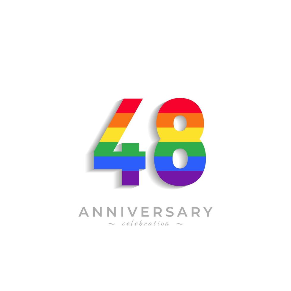 Celebrazione dell'anniversario di 48 anni con colore arcobaleno per eventi celebrativi, matrimoni, biglietti di auguri e inviti isolati su sfondo bianco vettore