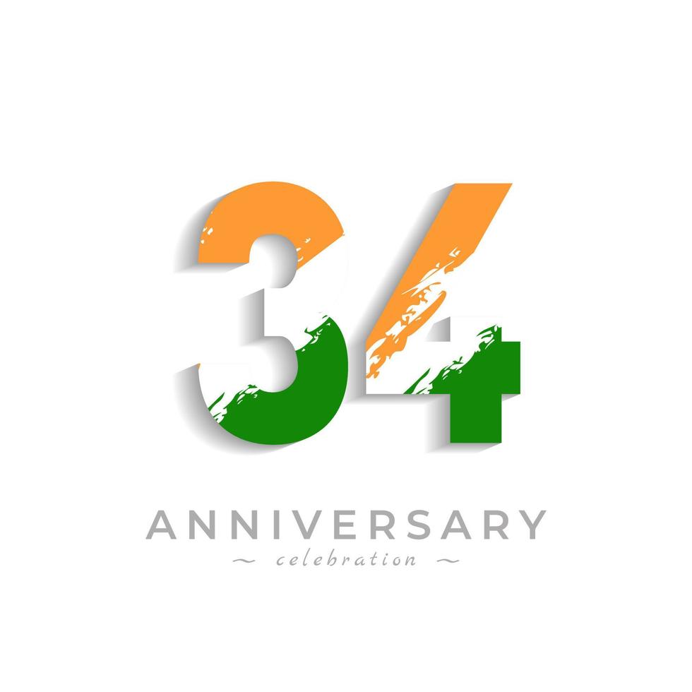 Celebrazione dell'anniversario di 34 anni con barra bianca a pennello in colore giallo zafferano e bandiera indiana verde. il saluto di buon anniversario celebra l'evento isolato su priorità bassa bianca vettore