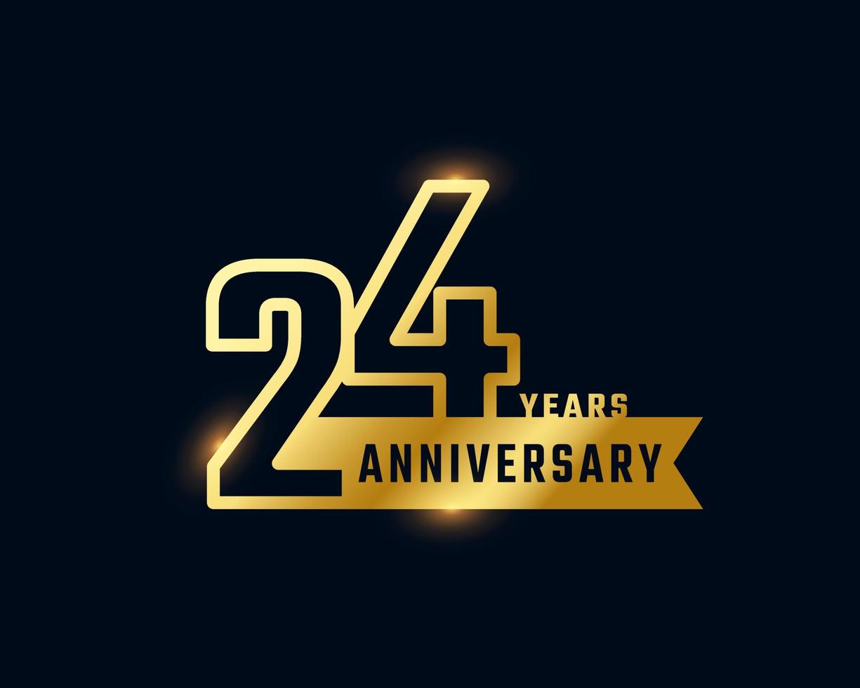 Celebrazione dell'anniversario di 24 anni con numero di contorno lucido colore dorato per eventi celebrativi, matrimoni, biglietti di auguri e inviti isolati su sfondo scuro vettore