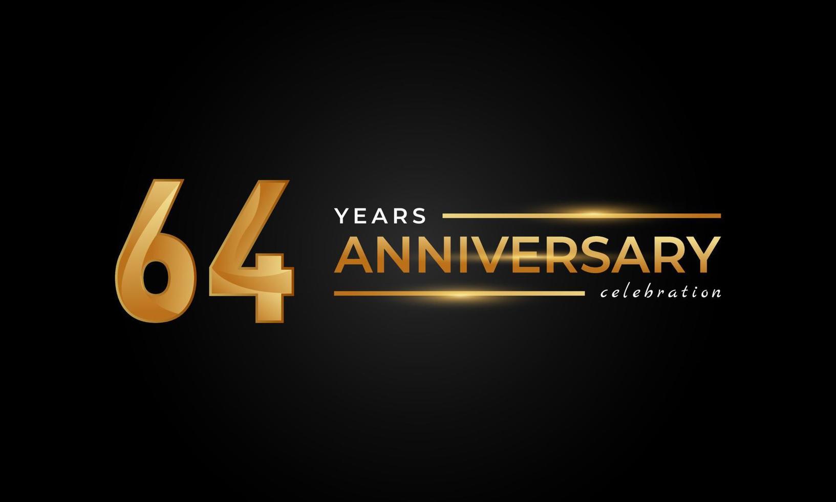 Celebrazione dell'anniversario di 64 anni con colore dorato e argento lucido per eventi celebrativi, matrimoni, biglietti di auguri e inviti isolati su sfondo nero vettore