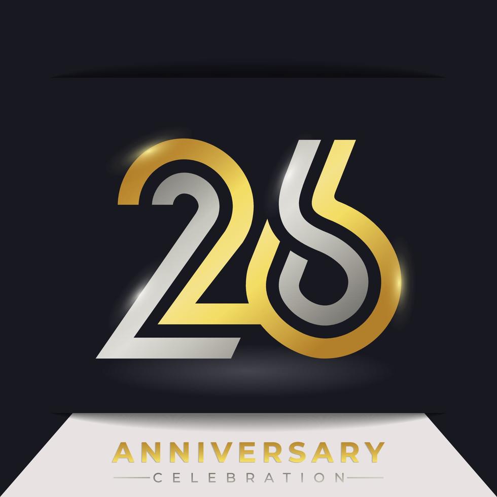 Celebrazione dell'anniversario di 26 anni con linee multiple collegate di colore dorato e argento per eventi celebrativi, matrimoni, biglietti di auguri e inviti isolati su sfondo scuro vettore