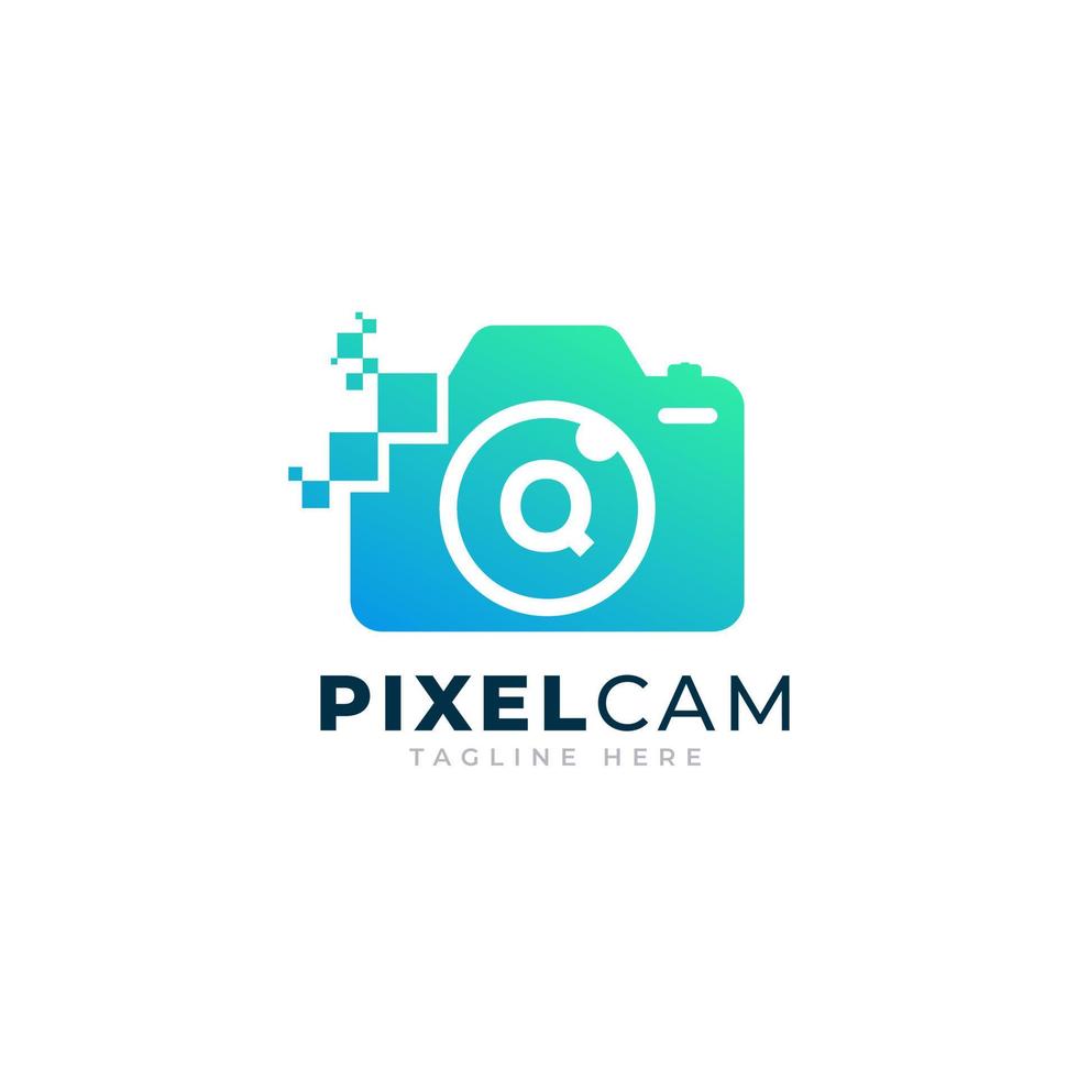 lettera q all'interno del modello di progettazione del logo della tecnologia pixel della foto della fotocamera vettore