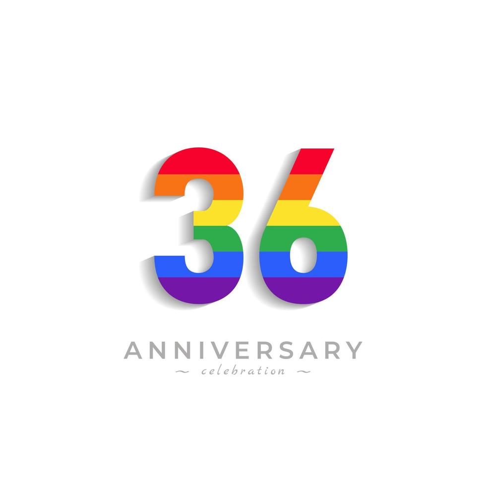 Celebrazione dell'anniversario di 36 anni con colore arcobaleno per eventi celebrativi, matrimoni, biglietti di auguri e inviti isolati su sfondo bianco vettore