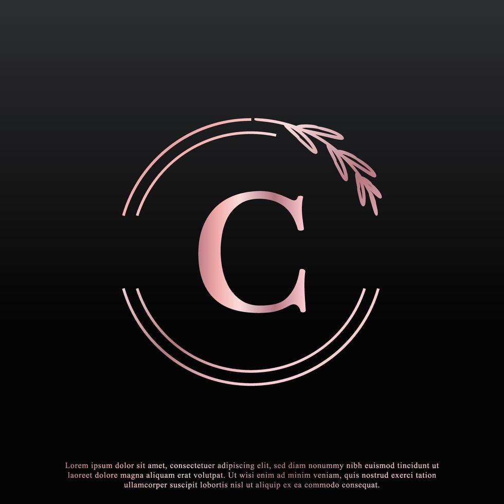 elegante logo floreale cerchio lettera c con linea di diramazione monogramma foglia elegante creativa e colore nero rosa. utilizzabile per loghi aziendali, moda, cosmetici, spa, scienza, medicina e natura. vettore